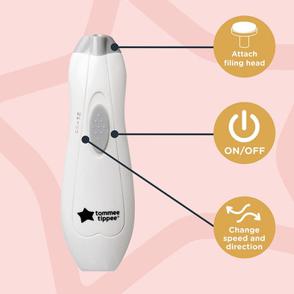 Tommee Tippee Electric Baby Nail File, with Six Filing Heads for Baby and Adult Use, Battery-Powered Infant Nail Clipper with LED Light and Adjustable Speed and Direction Settings