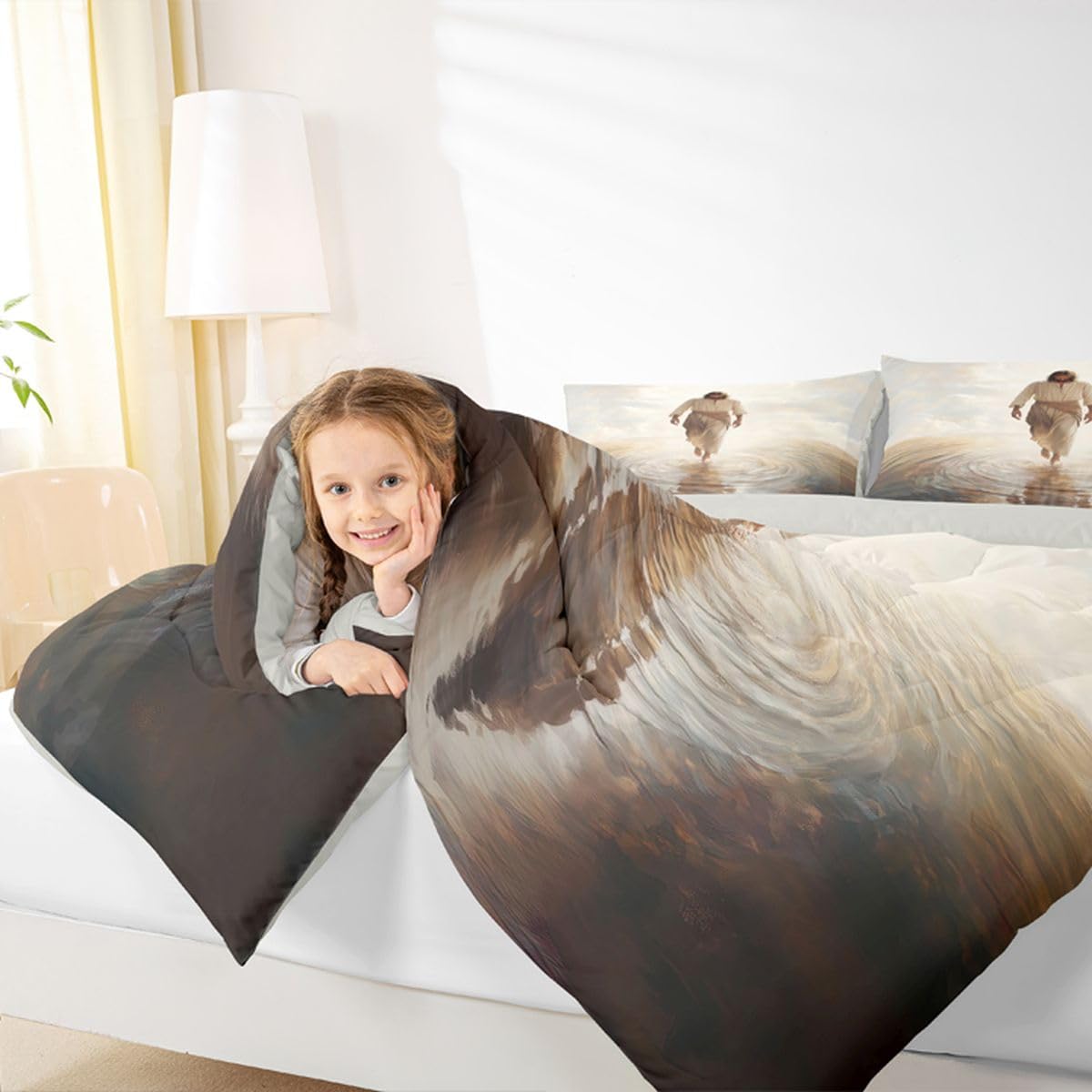 Manfei God Walking on Water Girls Bedding Set Twin Size,Bible Verse Western Faith Comforter Set,Modern Artwork Spiritual Quilt Comforter Girls Boys Teens,Beige Gray Room Decor All Season,1 Pillowcase