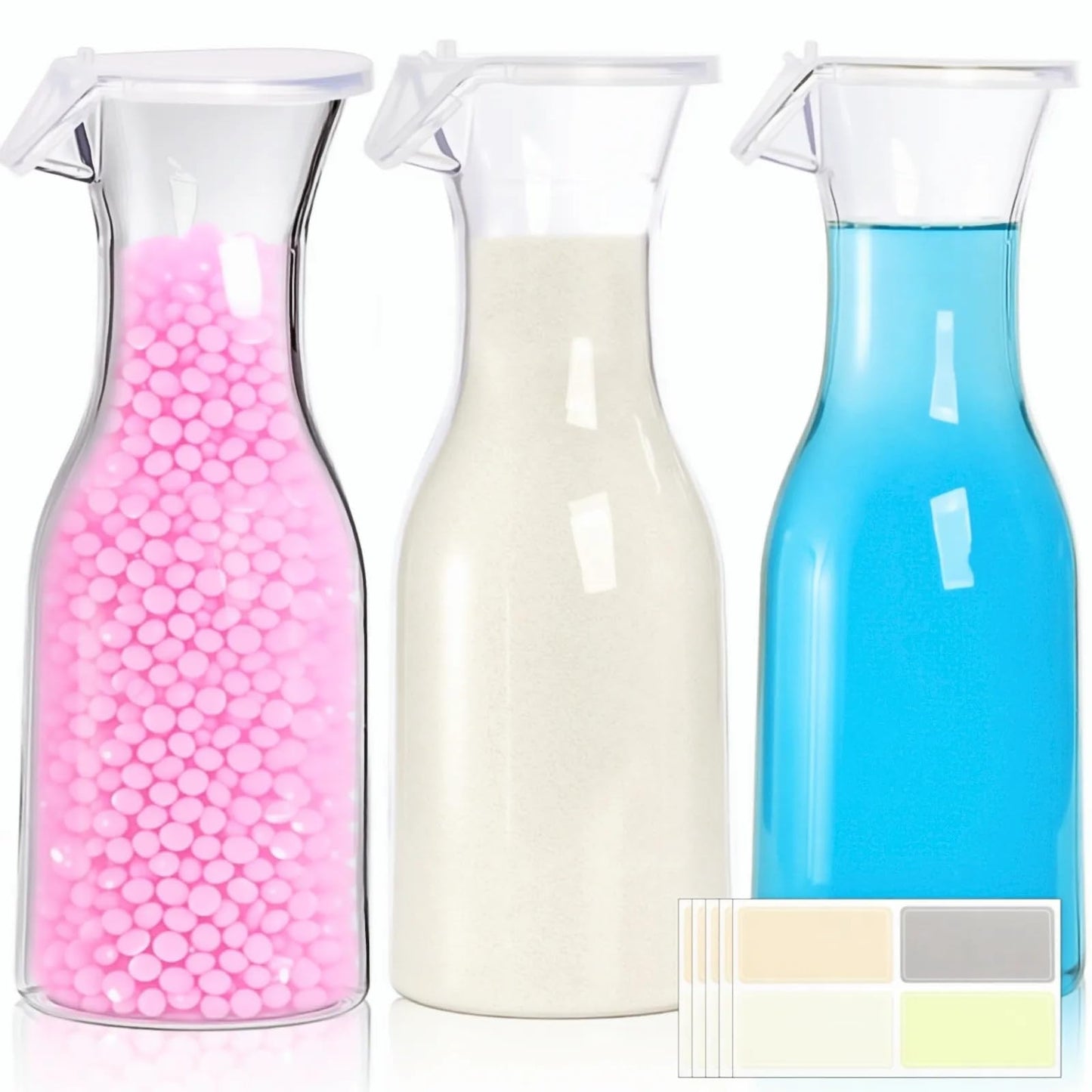 YIMITEE 3 Pack Laundry Detergent Dispenser with 5 Labels, 40 OZ Plastic Fabric Softener Bottle, Reusable Detergent Container, Laundry Room Organizer for Liquid Soap Powder Bleach Scent Booster Beads