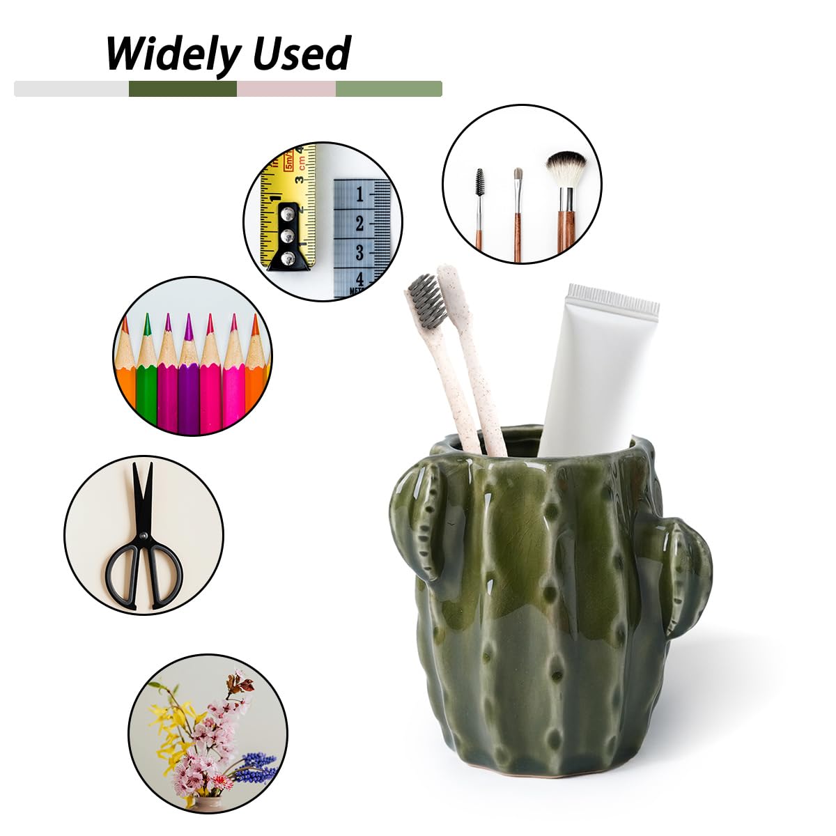 Cactus Toothbrush Holder for Bathrooms，Ceramic Toothpaste Holder Cute Toothbrush Holder Set,for Bathroom Counter and Desk Office Fun Decor Desk Organizer, Makeup Brush Holder - Dark Green