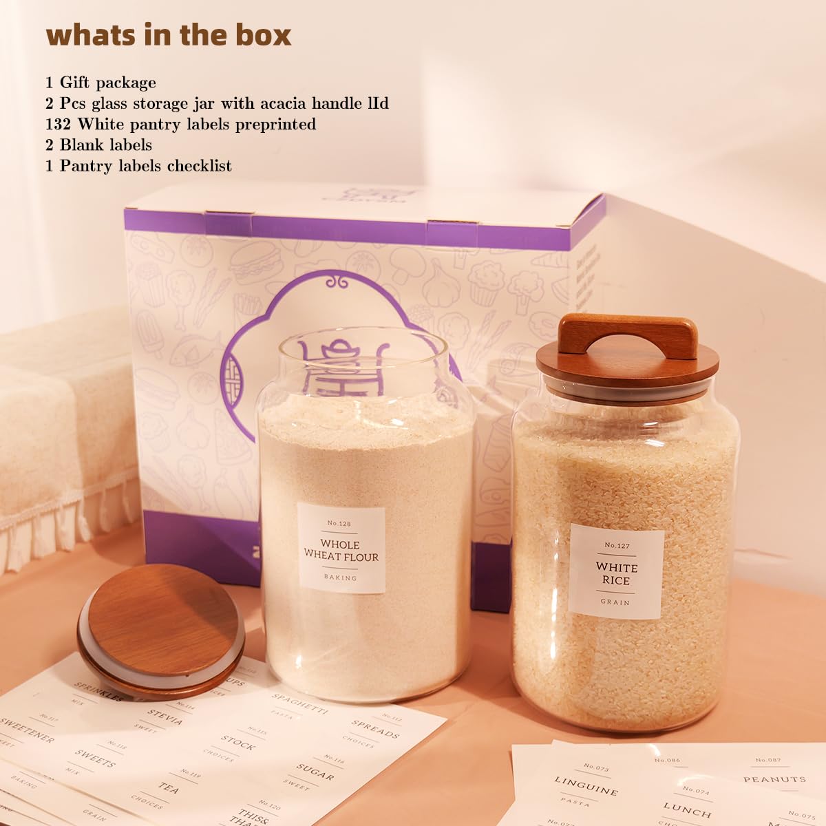 CZDYSM 2 Pack Large Glass Flour and Sugar Containers with 132 Pantry Labels - 1 Gallon Glass Canisters with Bamboo Airtight Lids - Farmhouse Glass Cookie Jars for Rice, Pasta, Cereal, Bath Salt