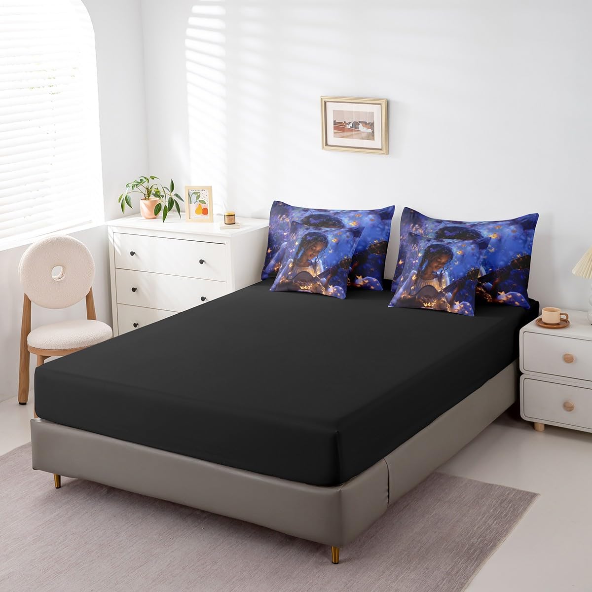 Boho Exotic Girl Comforter Set,Artistic Musical Guitar 7 Piece Bed Set Twin Size for Kids,Jungle Glowing Butterfly Bed in a Bag Bedding Set with Comforter,Sheet Set,Pillowcases,Pillow Covers