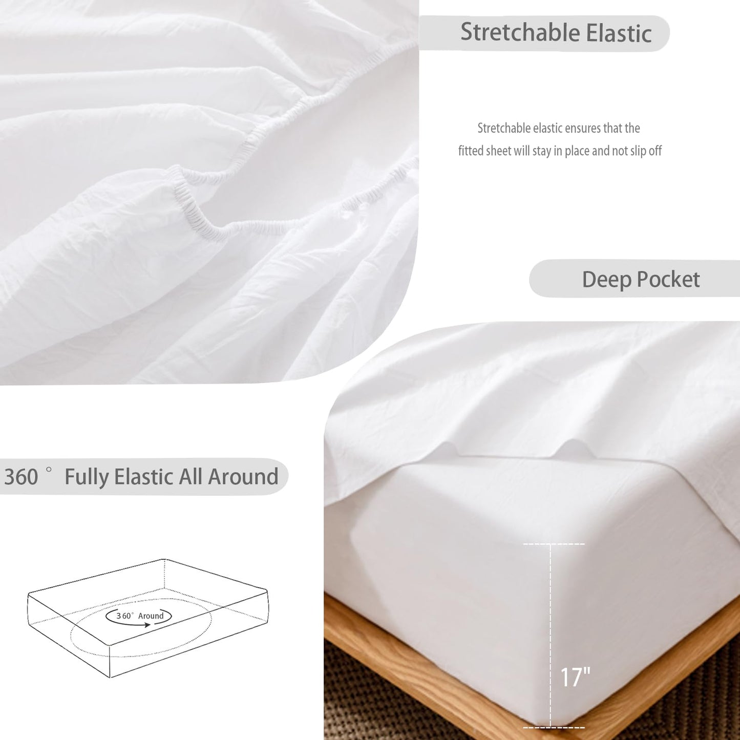 MooMee Fitted Bottom Sheet Only 100% Washed Cotton Linen Like Textured Breathable Durable Soft Comfy Deep Pocket Fits Mattress up to 17" (Bright White, Queen)