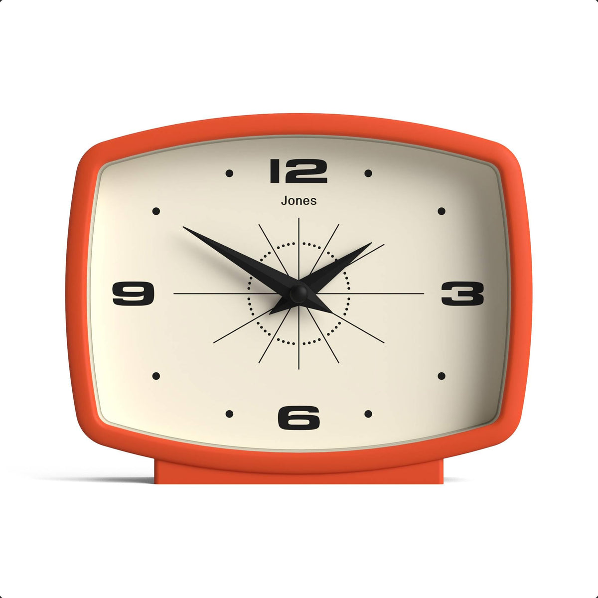 JONES CLOCKS® Film Desk Clock | Retro Rectangular Design | Orange | Retro Design, Blending mid-Century Style with a Punchy Modern Finish for Shelf, Table, Mantel or Bedside