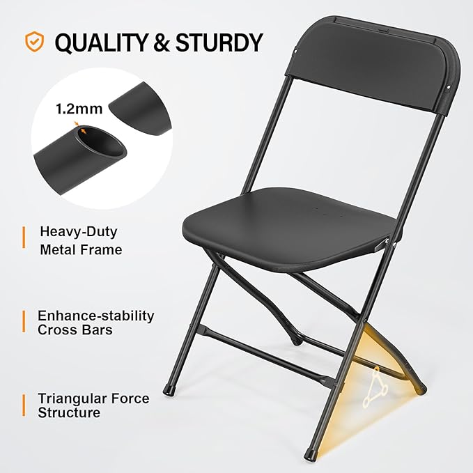 VINGLI 8 Pack Black Plastic Folding Chair, Indoor Outdoor Portable Stackable Commercial Seat with Steel Frame 350lb. Capacity for Events Office Wedding Party Picnic Kitchen Dining