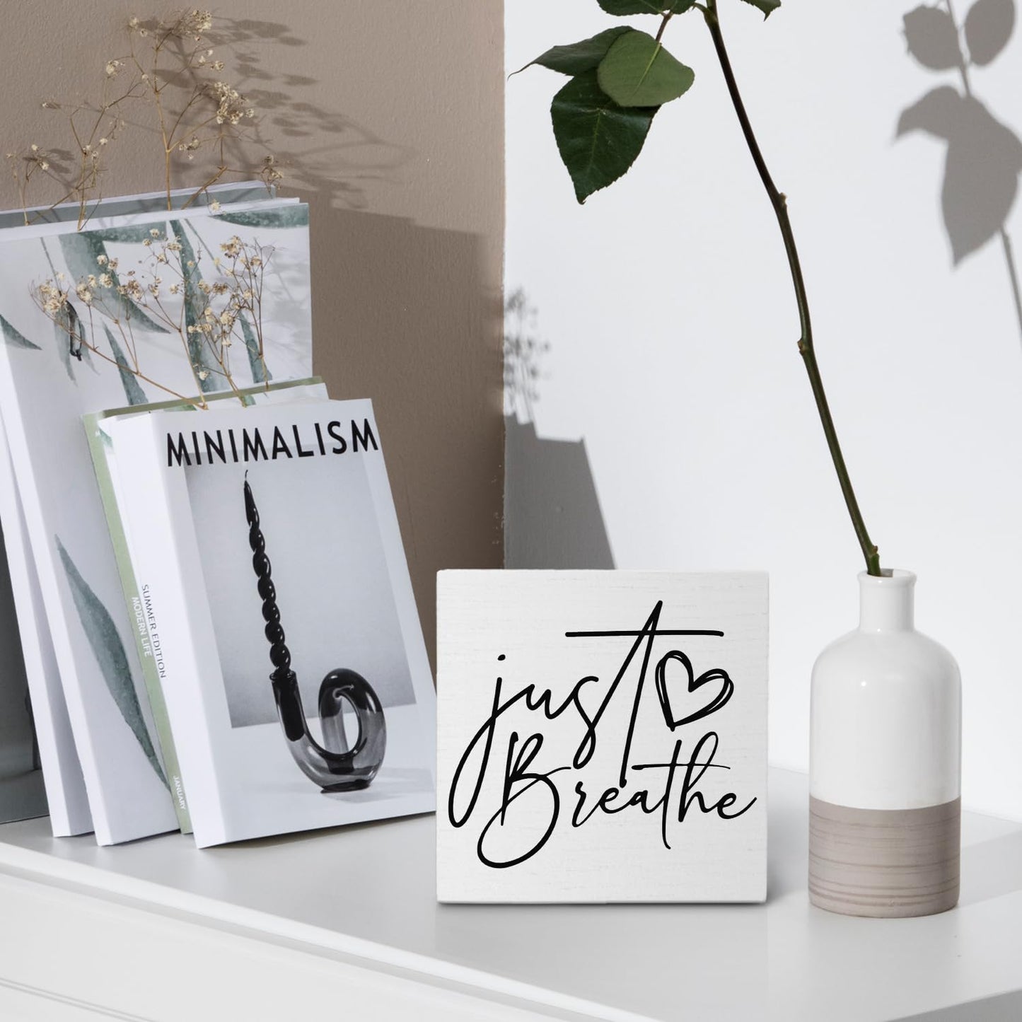 Nvotell Inspirational Desk Decor, Just Breathe Mental Health Wooden Box Sign, Motivational Positive Wood Block Plaque for Home Office Desk Shelf Tabletop Decor 5x5 Inch