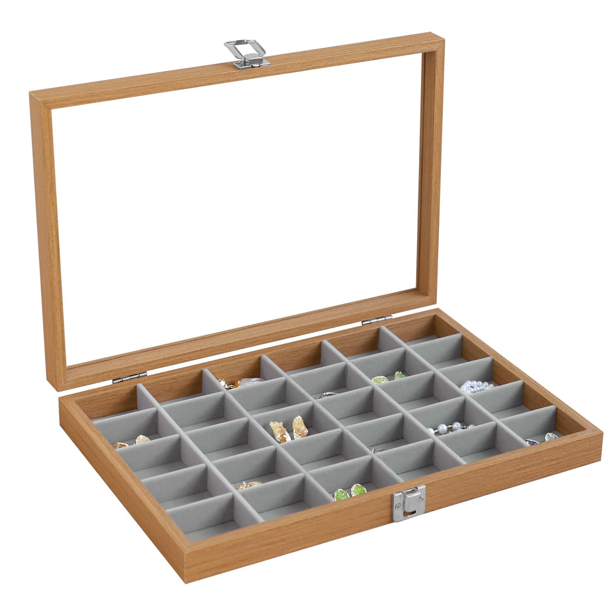 Wudygirl Jewelry Box for Women Wooden Jewelry Organizer 30 Grid Jewelry Box with Hinged Lid Earring Holder Organizer Jewelry Tray for Rings Bracelets Brooches (Gray 30 Grid)