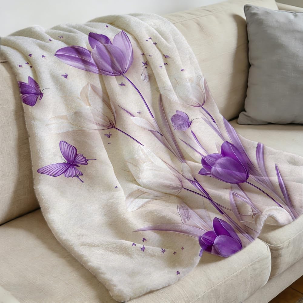 ZHOUSHUTONG White Purple Tulip Butterfly Flannel Throw Blanket, Soft Cozy Warm Plush Floral Blanket for Couch Bed Sofa, Elegant Flower Print Decorative Blanket, Gift for Women Girls 49"x59"
