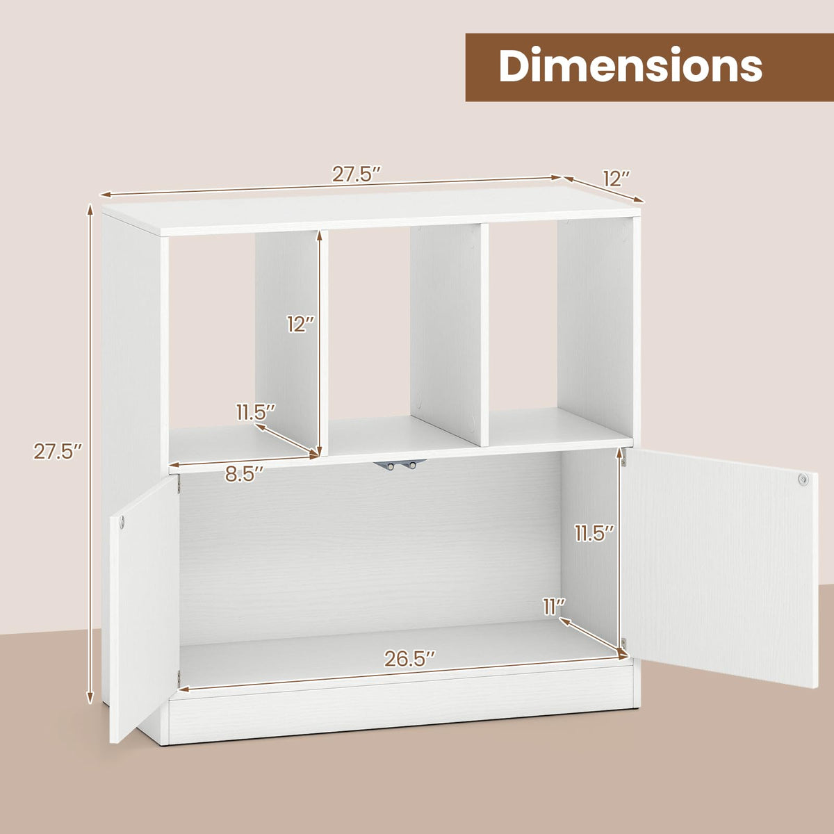 Giantex 3-Cube Bookcase with Doors, 3-Tier Cubic Bookshelf w/Open Compartments & Cabinet, Modern Display Shelf, Wooden Floor Freestanding Cubby Storage Organizer for Living Room, Study (1, White)