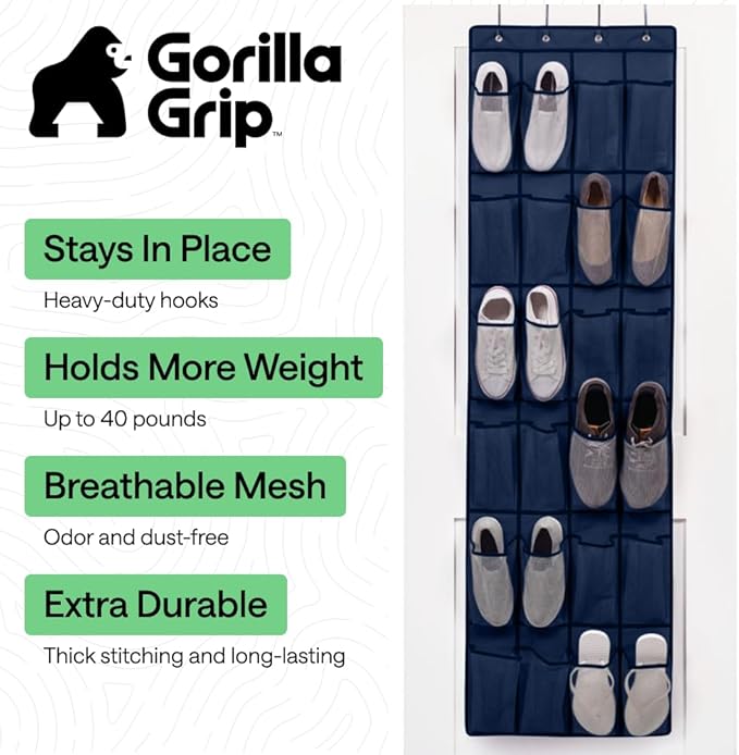 GORILLA GRIP Over the Door Shoe Organizer, 24 Large Breathable Mesh Pockets