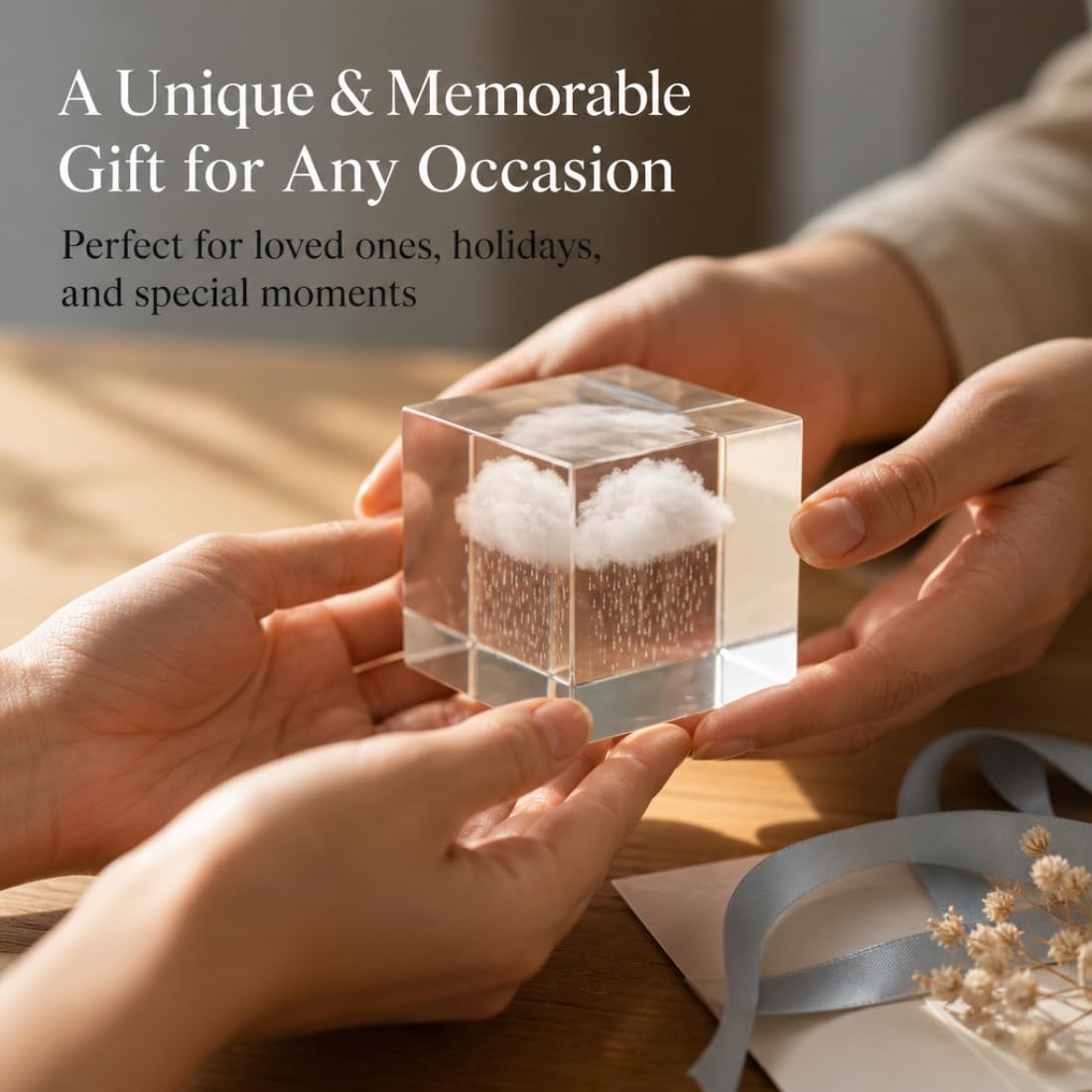 Crystal Cloud Rain Cube - 3D Laser Engraved Paper Weight - Aesthetic Cute Glass Sculpture for Desk Shelf Sitter Decor, Office - Small Gifts Accessories for Coworkers Stress Relief (Rain Cloud 3.2")