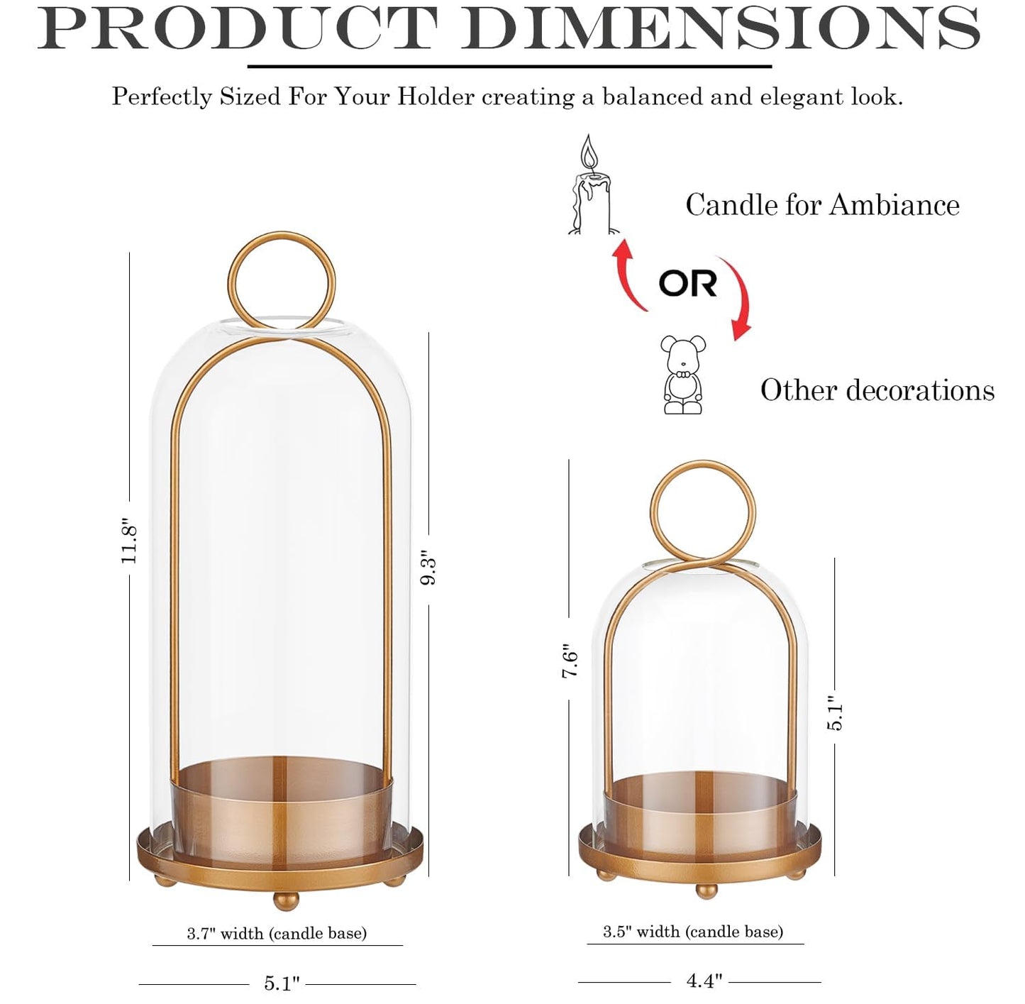 ECLSDL Hurricane Glass Candle Holders for Pillar Candles Set of 2 (5" & 4" Wide), Gold Metal Candlestick Holders, Modern Decorative Centerpiece Lanterns for Table Mantel Wedding Housewarming Gift