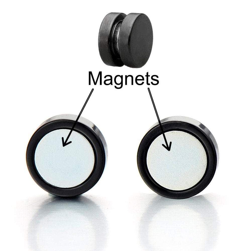 2pcs Men Women 12MM Magnetic Black Circle Stud Earrings, Non-Piercing Clip On Cheater Fake Ear Gauges