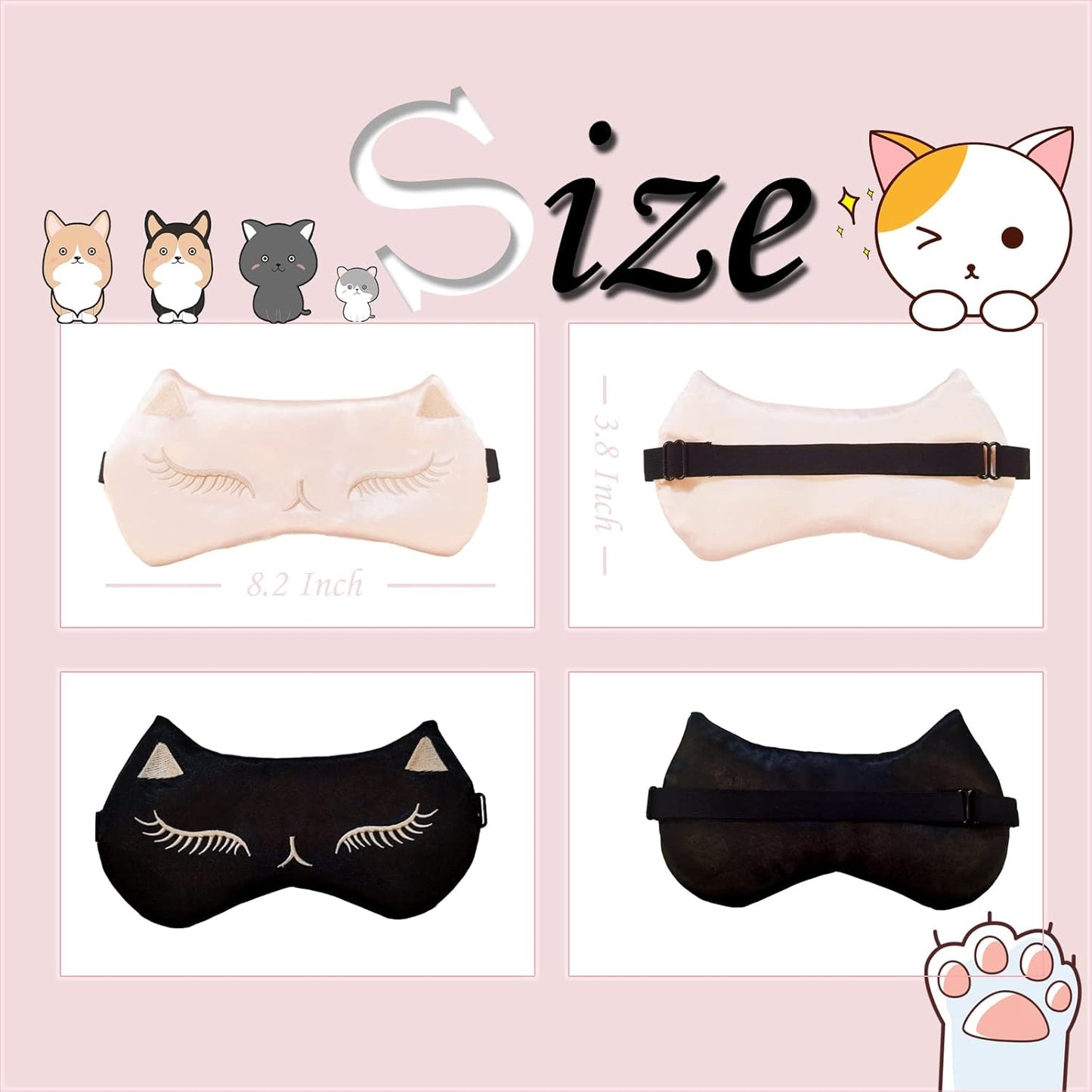 Cute Cat Sleep Mask for Kids, 2 Pack Silk Sleeping Eye Cover Adjustable Mask Night Eyeshade Cover for Girls Boys Women Men Sleep Travel Nap Party Supplies