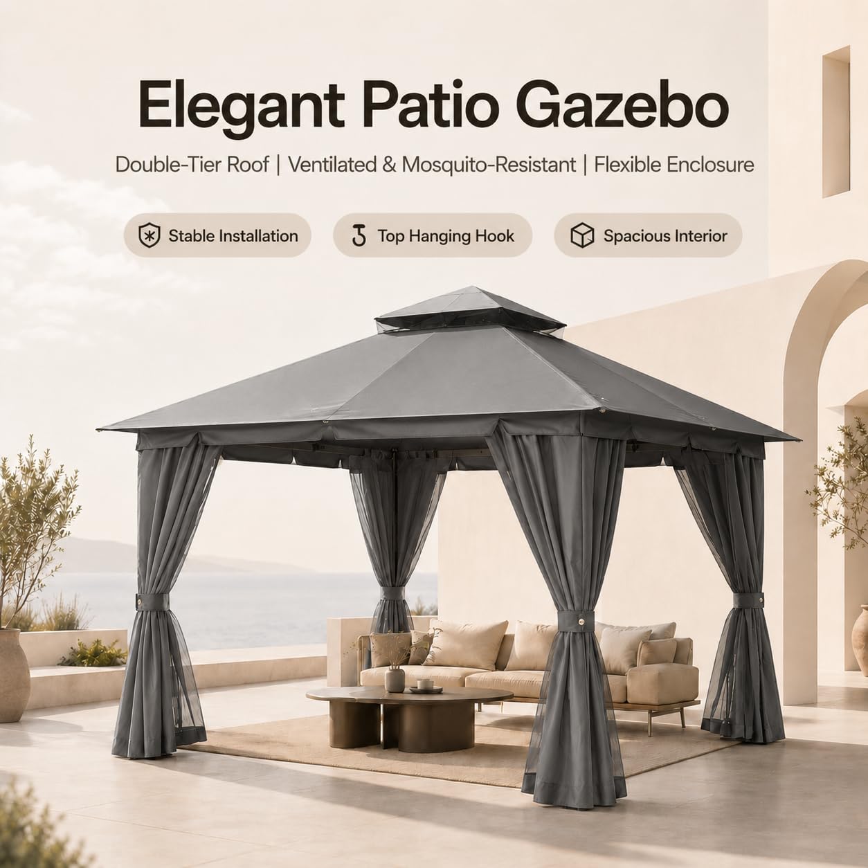 Kingdura 10'x10' Outdoor Gazebo, Heavy Duty Metal Patio Canopy Tent Shelter with Double Roof, Mosquito Netting & Privacy Curtains for Backyard, Garden, Deck, Lawn, Grey