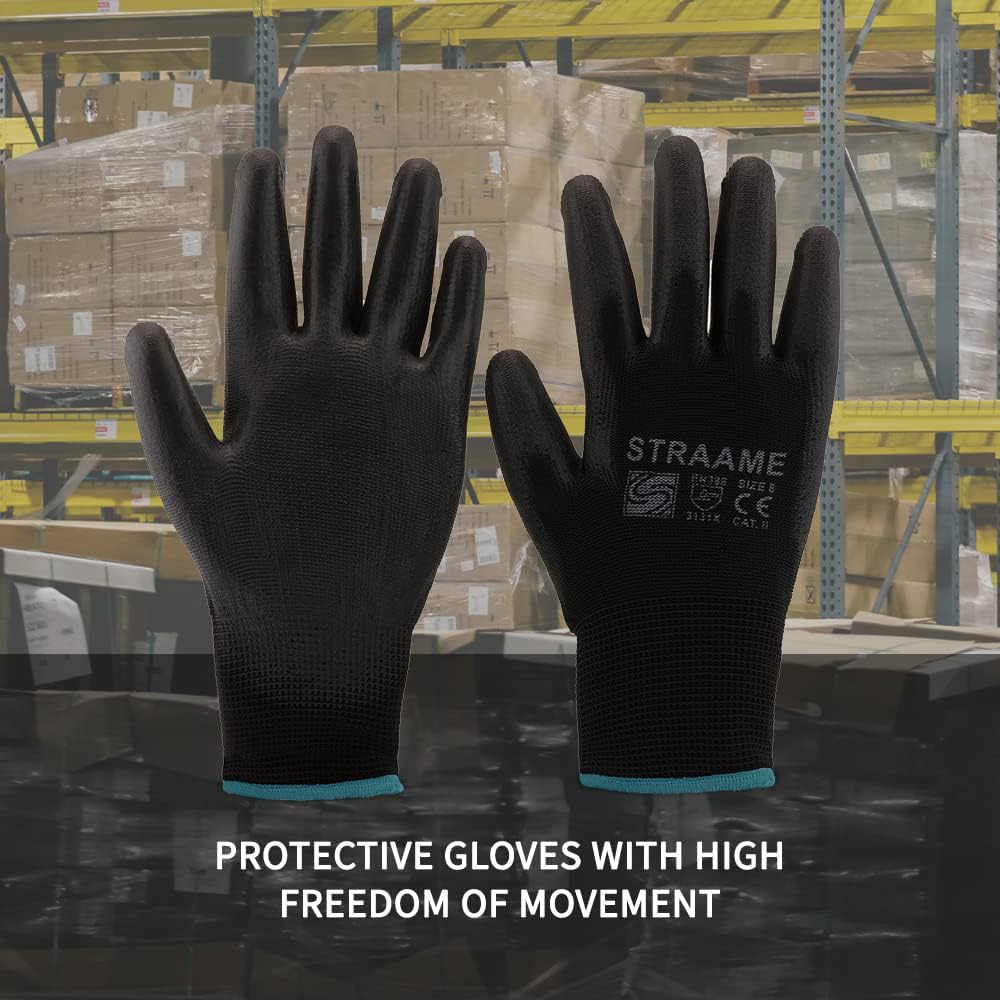 Straame Pack of 12 or 24 Black Safety Work Gloves, Outdoors PU and Nylon Non-Slip Work Handling Gloves, Good Dexterity Firm Grip Protective Working Gloves Size (Pack of 12 Pair's, M)