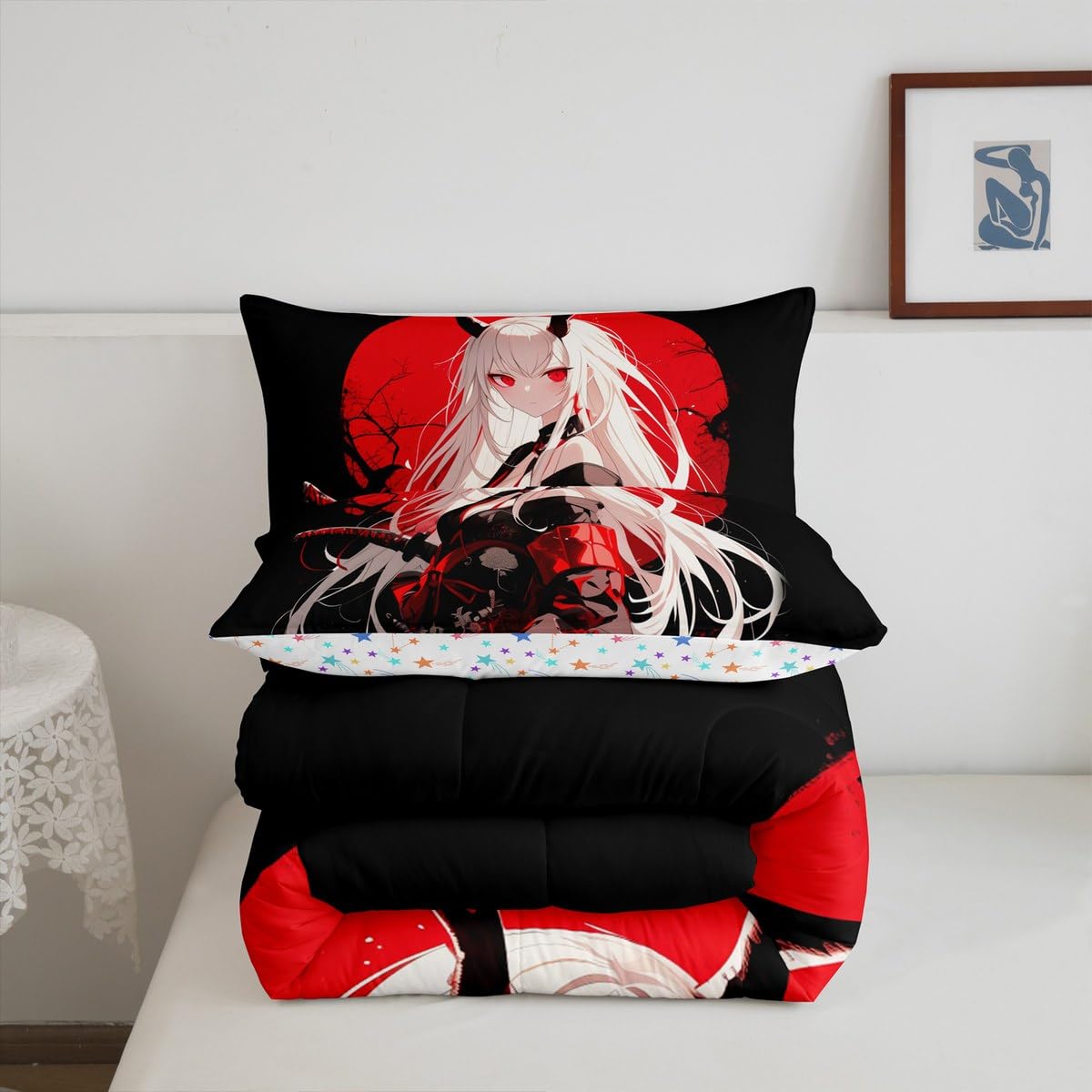 Erosebridal Full Japanese Anime Bedding Set for Kids, Anime Girl Comforter Set Kawaii Japanese Style Duvet Insert Cartoon Japan Animation Quilt for Boys Teens Adult Women Bedroom, Red Black