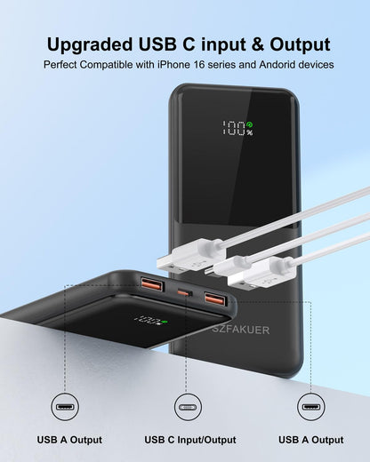 Szfakuer Portable Charger,Slim 10000mAh Power Bank,22.5W USB-C Fast Charging Battery Pack Compatible with iPhone 17/16/15/14/13/12 Pro Samsung Galaxy, iPad, AirPods, Android Tablets (Black)