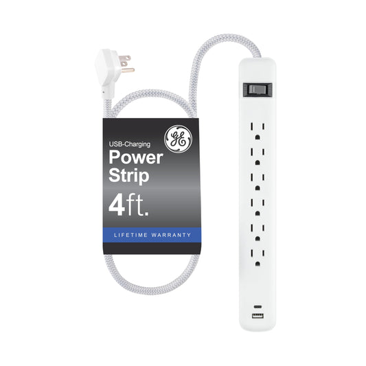 GE 6-Outlet Power Strip, 2 Pack, 1.5 Ft Extension Cord, Heavy Duty Plug, Grounded, Integrated Circuit Breaker, 3-Prong, Wall Mount, ETL Listed, White, 14833