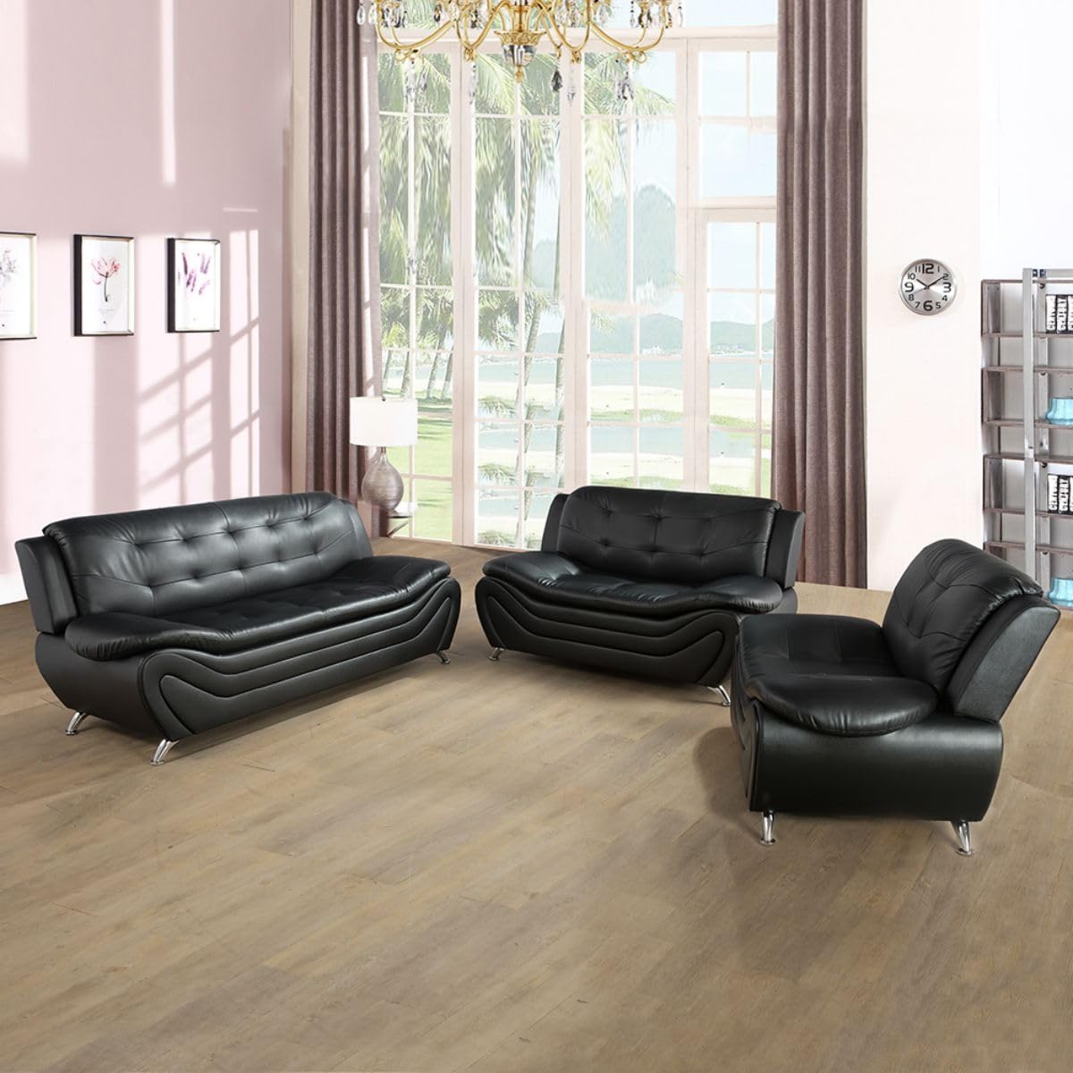 UOCFYK Lounge Comfy Faux Leather Sofa Modern Loveseat Couch for Small Living Room/Dorm/Bedroom/Office/Apartment for Small Spaces, (Black-1, Two-Person Seat)