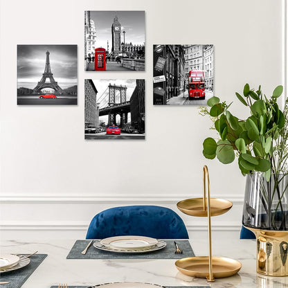 Artscope 4 Pieces Wall Art Canvas Prints - Red Cityscape with Eiffel Tower, Big Ben, Tower Bridge Picture Painting- Modern Wall Artwork Framed for Bathroom Home Office Decor - 30 x 30 CM