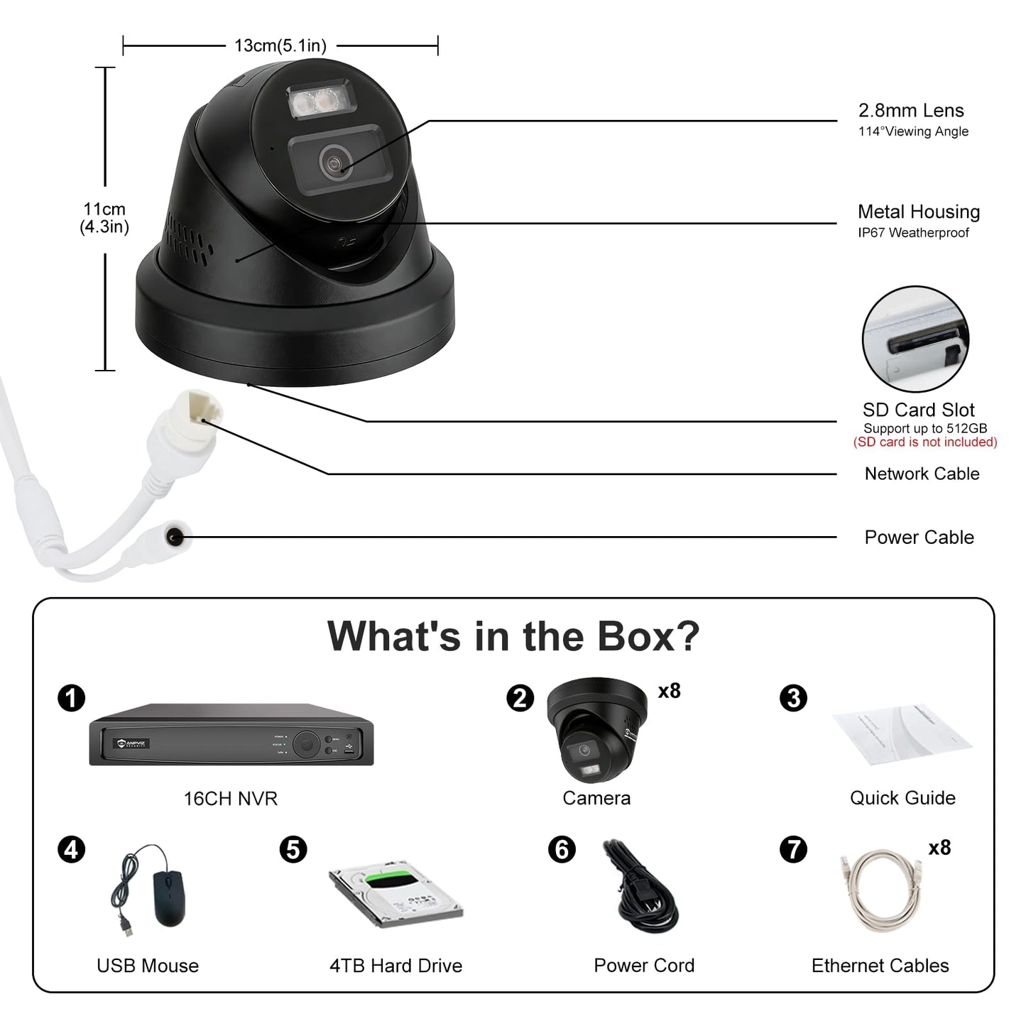 【Active Deterrent & 2-Way Audio】Anpviz 16CH PoE Security Camera System, 8X 5MP Wired IP Turret Cameras Outdoor Black, 12MP NVR with 4TB HDD, Human/Vehicle Detection, Plug&Play for Business (H Series)