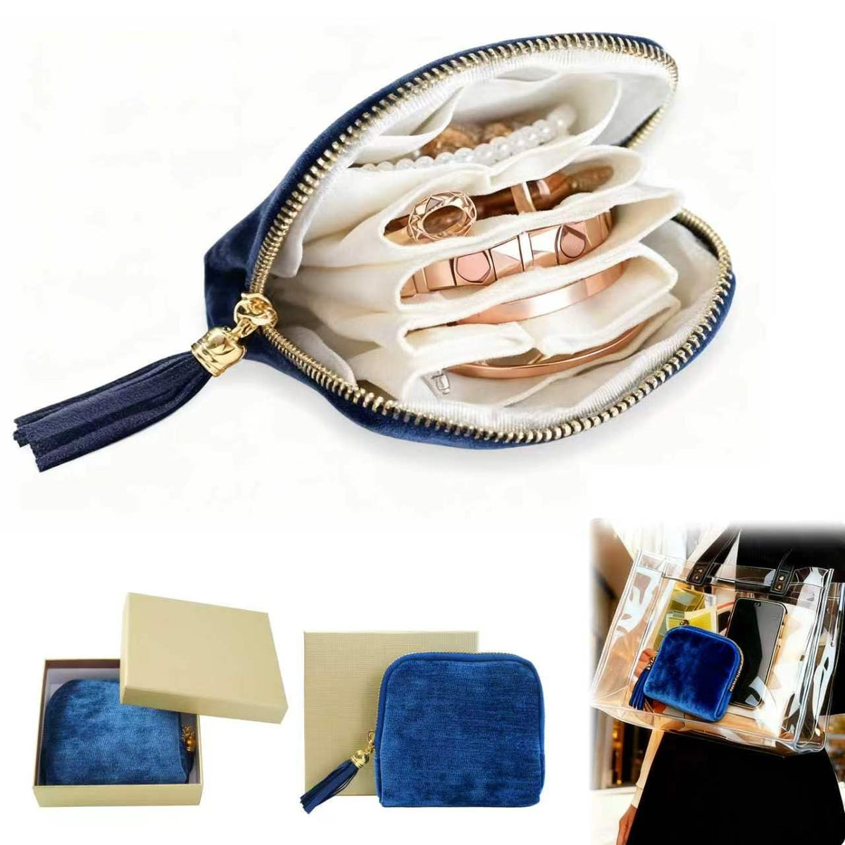 Travel Jewelry Case, Portable Jewelry Box with Organizer Pouches, Tassel Zipper, Small Storage Bag for Necklaces, Bracelets, Rings, Earrings and Gemstones, Valentines Gift for Women（Sapphire Blue）