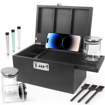 Large Black Bamboo Box with Combination Lock, Premium Storage Box with Removable Tray & Detachable Compartments, Wooden Decorative Boxes with Alright Jars & Brushes & Tubes for Great Gift Choice.