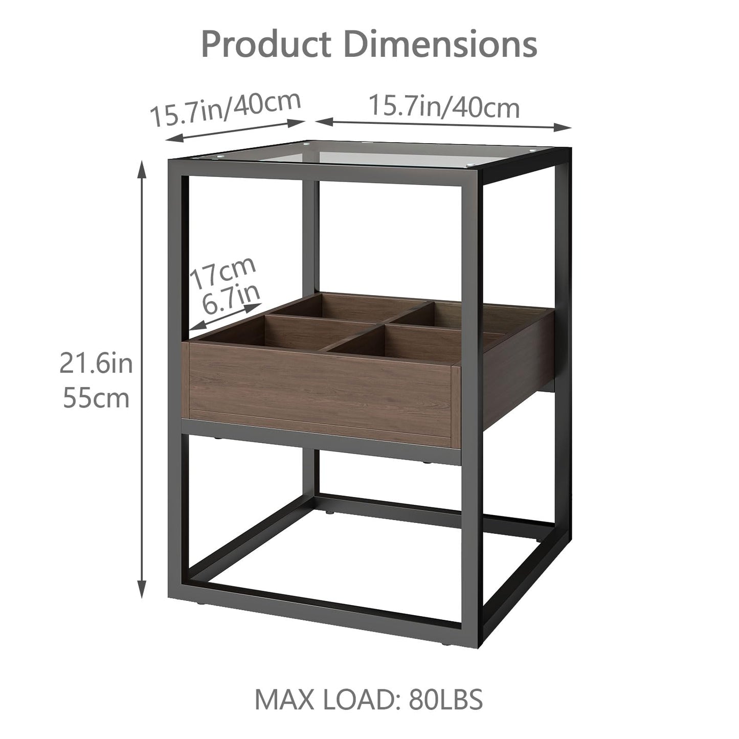 Permory Tempered Glass Top End Table with USB Port, Dimmable Warm Brown-Toned COB Strip Light for Living Room Bedroom