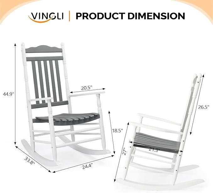 VINGLI Wooden Rocking Chair, Outdoor Chair with 450 lbs Support, Relaxing Rocker with Solid Wood High Back Seat Reclining Seat for Deck, Garden, Backyard, Porch (White & Grey, 2PCS)