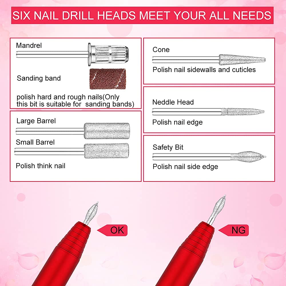 Portable Electric Nail Drill File Machine with Acrylic Nail Kit Set Professional 20000rpm Manicure Pedicure with Sanding Bands Brush for Nail Art Gel Nail Polish Tips Clippers