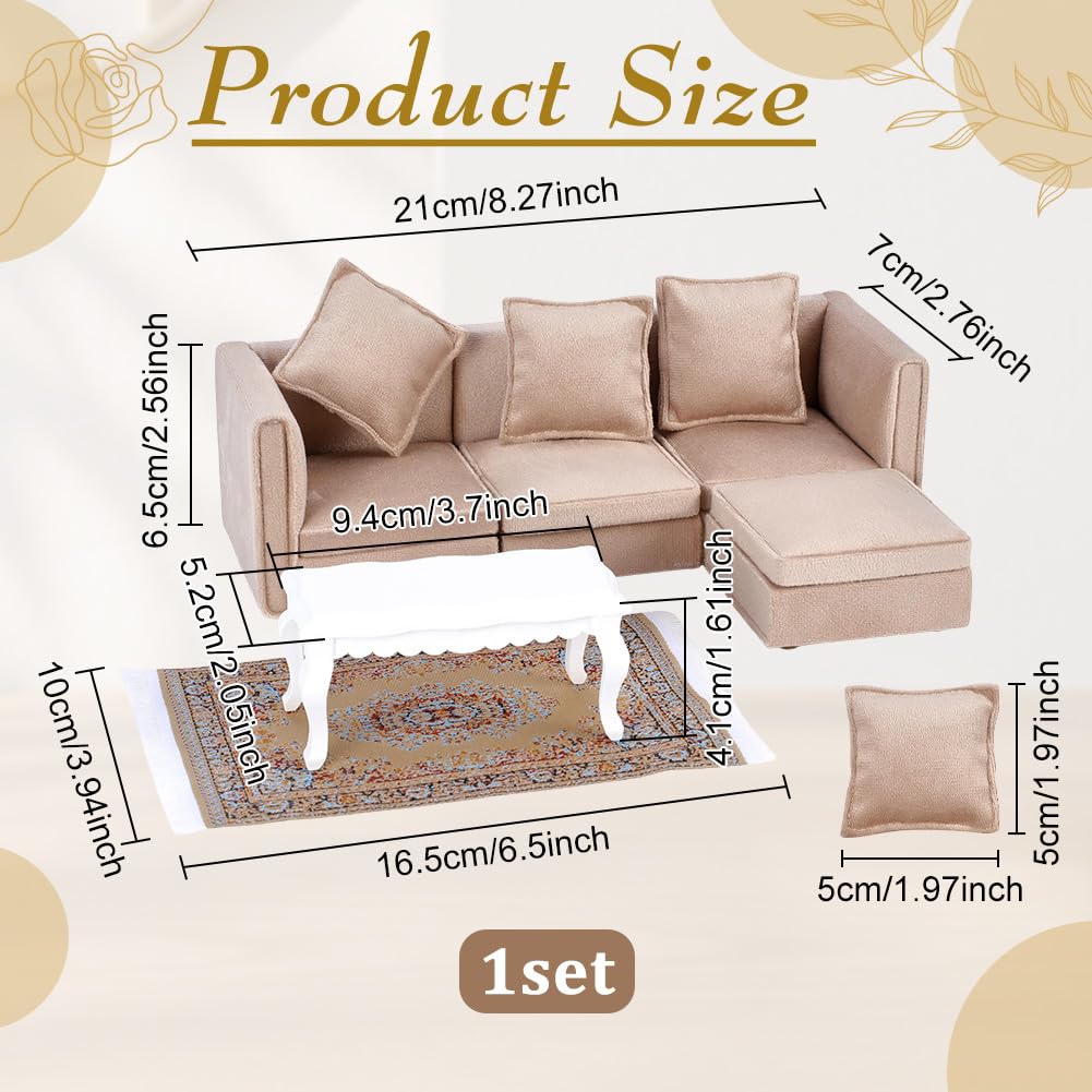 ORIGACH 3 PCS Dollhouse Furnitures Miniature Sectional Couch Set with Coffee Table and Carpet, Wooden Dollhouse Furniture Set, 1/12 Scale Living Room Furniture Accessory for Décor