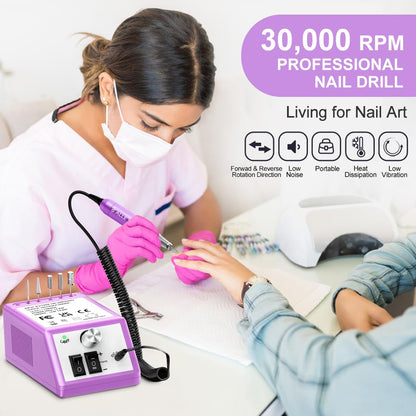 Professional Nail Drill Machine 30000 RPM Efile Electric Nail Filer Kit for Finger Toe Nails, Acrylic Gel Nails, Manicure Pedicure Drill with 6Pcs Nail Bits, 106Pcs Sanding Bands - Pink