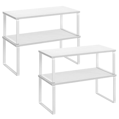 SONGMICS Cabinet Organizer Shelf, Set of 4 Kitchen Counter Shelves, Kitchen Storage, Spice Rack, Stackable, Expandable, Metal and Engineered Wood, Cloud White and Natural Beige UKCS010N01