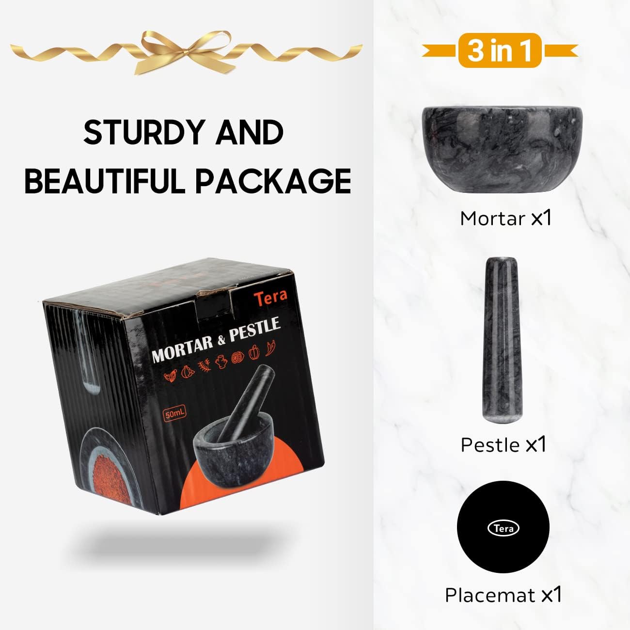 Tera Marble Mortar and Pestle Set Large Solid Stone Grinder Spice Herb Grinder Pill Crusher (Black, Diameter 5.5")