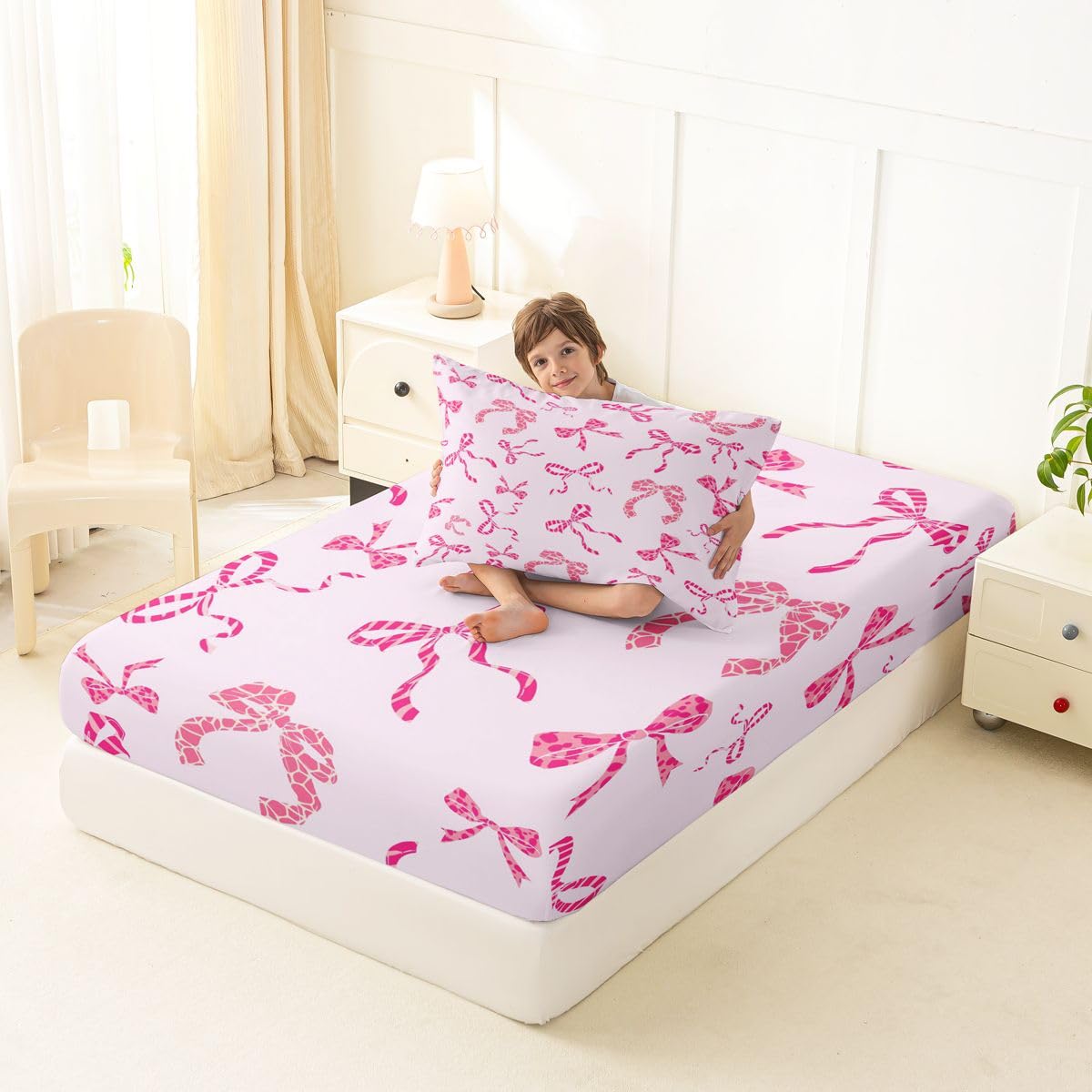 jejeloiu Pink Leopard Bow Fitted Sheet with 1 Pillowcase Twin Size Leopard Print Bowknot Bed Sheets Set 16" Deep Pocket Boys Girls Cute Ribbon Bowknot Bedding Teens Bedroom Decor Breathable