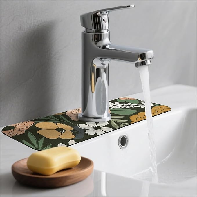 Kitchen Sink Splash Guard，Vintage Large Floral Faucet Mat Sink Gadgets-Super