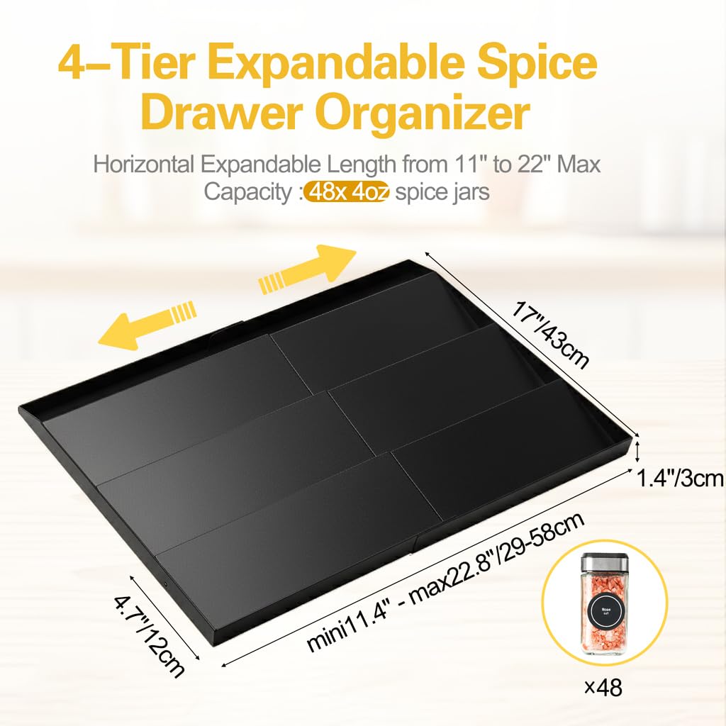 GOENDR Metal Spice Drawer Organizer, 4-Tier Spice Rack for Drawer, Expandable Seasoning Organizer Fits 11.4-22.8” Wide Drawer, Holds up to 48 Spice Jars (Not Included), Black