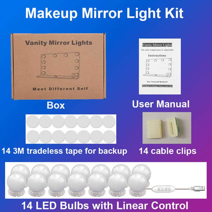 Hollywood Style Mirror Lights Kit DIY, LED Vanity Makeup Lamp 14 Globe Bulbs Dimmable Stick on to Mirror USB with 3 Light Colors & 10 Brightness Levels for Dressing Table Room, Bathroom, Bedroom