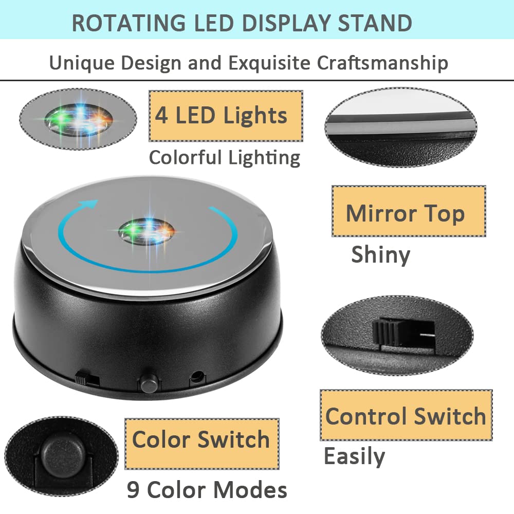 IFOLAINA Rotating Display Stand Led Light Base Colorful Lighted Spinning Statue Tumbler Display Platform for Cup Bowl Trophy Crystal Glass Art - Black