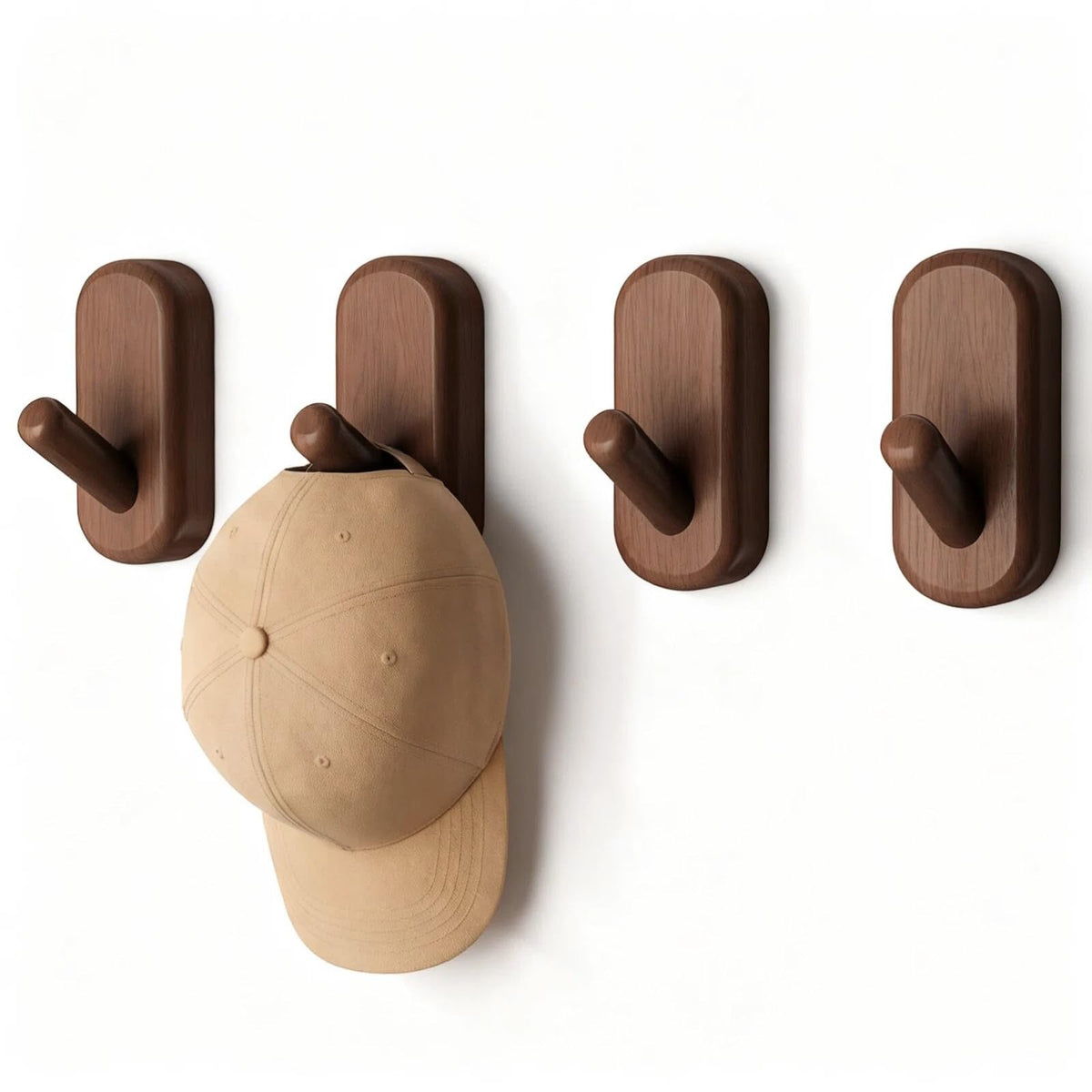 FCOWK Wooden Wall Hooks for Hanging - 4 Pack Heavy Duty Coat Hooks Wall Mount- Solid Walnut Wood Hat, Bag, Backpack & Towel Hooks - Modern Key Holder for Bathroom & Entryway (Dark Walnut)