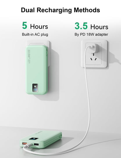 Portable Charger, 12000mAh 22.5W Fast Charging Power Bank with Built-in Cables & Wall Plug, Travel Essentials Battery Pack with LED Display, USB C External Battery Bank for iPhone iPad, Samsung Green
