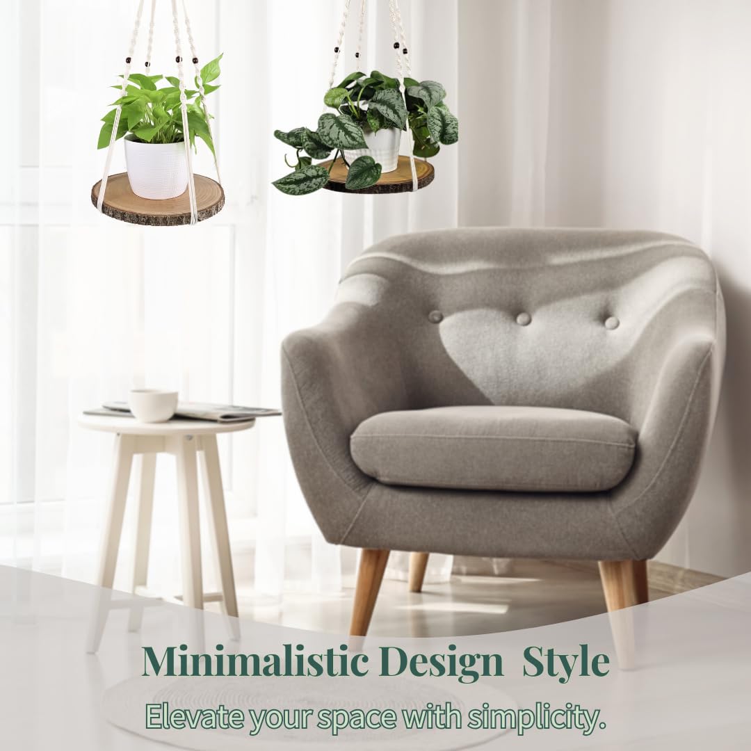 Leafy Accents Hanging Plant Shelf - Hanging Planters for Indoor Plants - Hanging Plant Holder with Floating Raw Wood Shelf - Window Plant Hanger - Minimalist Home Decor (Natural)