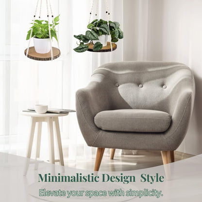 Leafy Accents Hanging Plant Shelf - Hanging Planters for Indoor Plants - Hanging Plant Holder with Floating Raw Wood Shelf - Window Plant Hanger - Minimalist Home Decor (Natural)