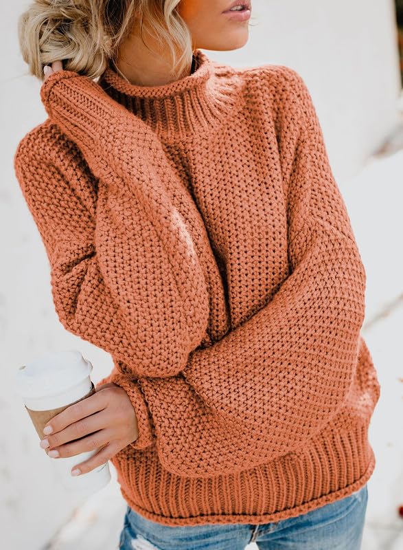 Dokotoo Fall Sweaters for Women 2025 Batwing Long Sleeve Turtleneck Sweaters Solid Autumn Basic Casual Halloween Sweaters Loose Oversized Chunky Knit Pullovers Sweaters Jumper Orange Blouses Medium