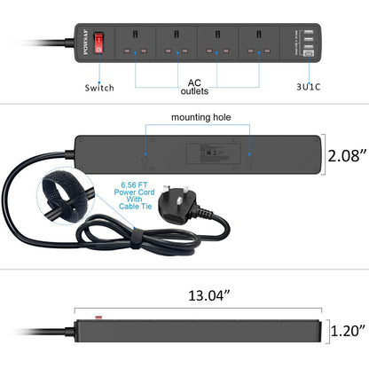 POWSAF Extension Lead with 4 USB Slots (3.4A, 1C and 3A Ports),Power Strip Extension cord with 4 way plug extension Socket and 2M Extension Cable for Home Office Travel holiday essentials,Black
