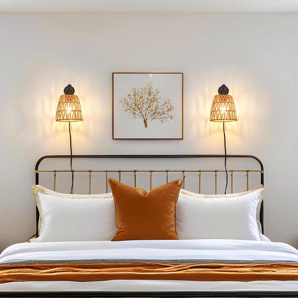 Boho Plug in Wall Sconce Set of 2 – Black Farmhouse Wall Lights with Rattan Shade | Bedroom & Living Room Plug in Wall Lamps for Sofa (5.9FT On/Off Switch Cord)