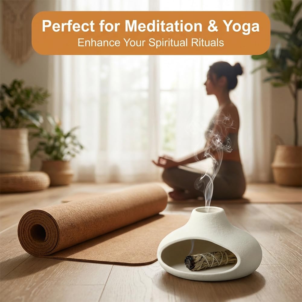 Palo Santo Holder Ceramic Incense Burner, Mini Chimney for Burning Sage and Incense Cones, Aromatic Smudge Bowl for Meditation and Yoga, Zen Room Decor, Easy-Clean Ash Catcher (White)