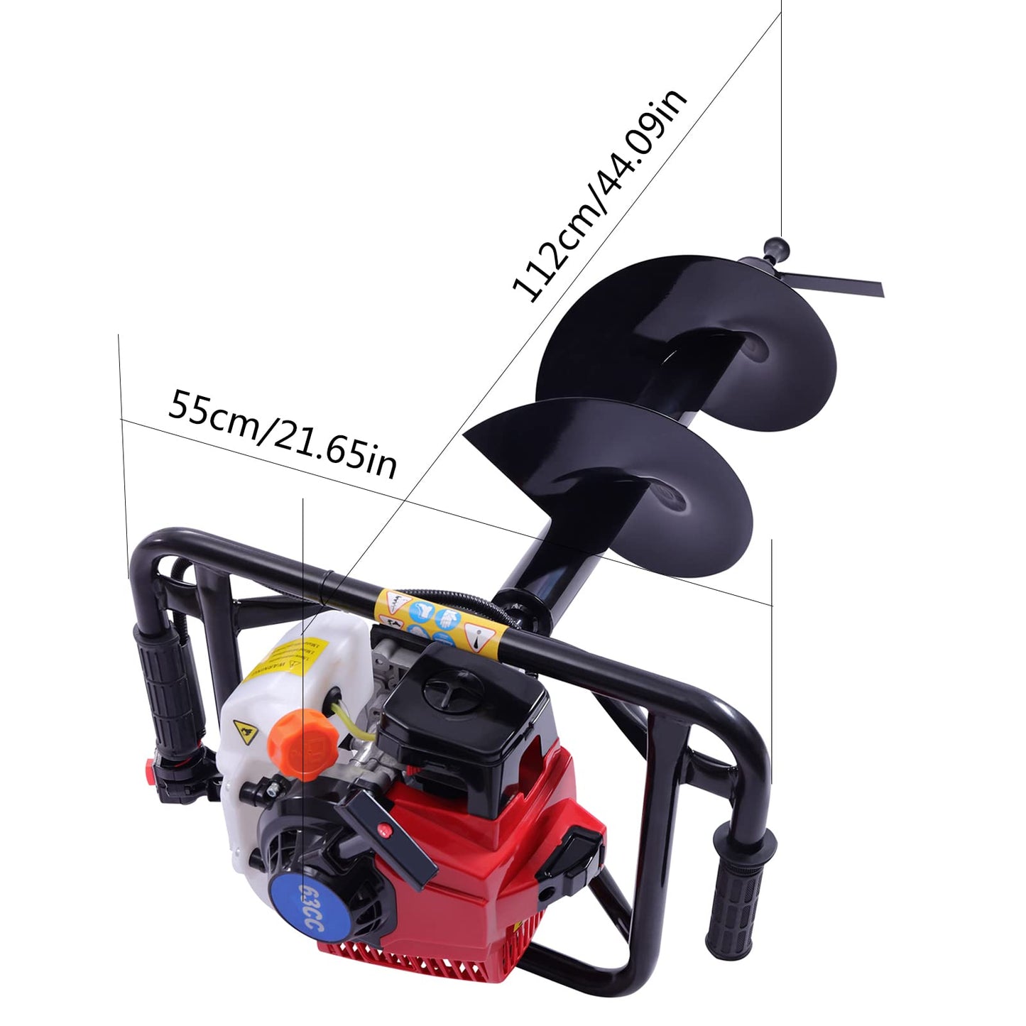 63CC 2-Stroke Post Hole Digger, 3HP Gas Powered Post Hole Diggers Gasoline Trench Digger Single-Cylinder Air-Cooled Gas Post Hole Digger w/ 12in Single Leaf Drill Pipe for Farmland Garden Planting