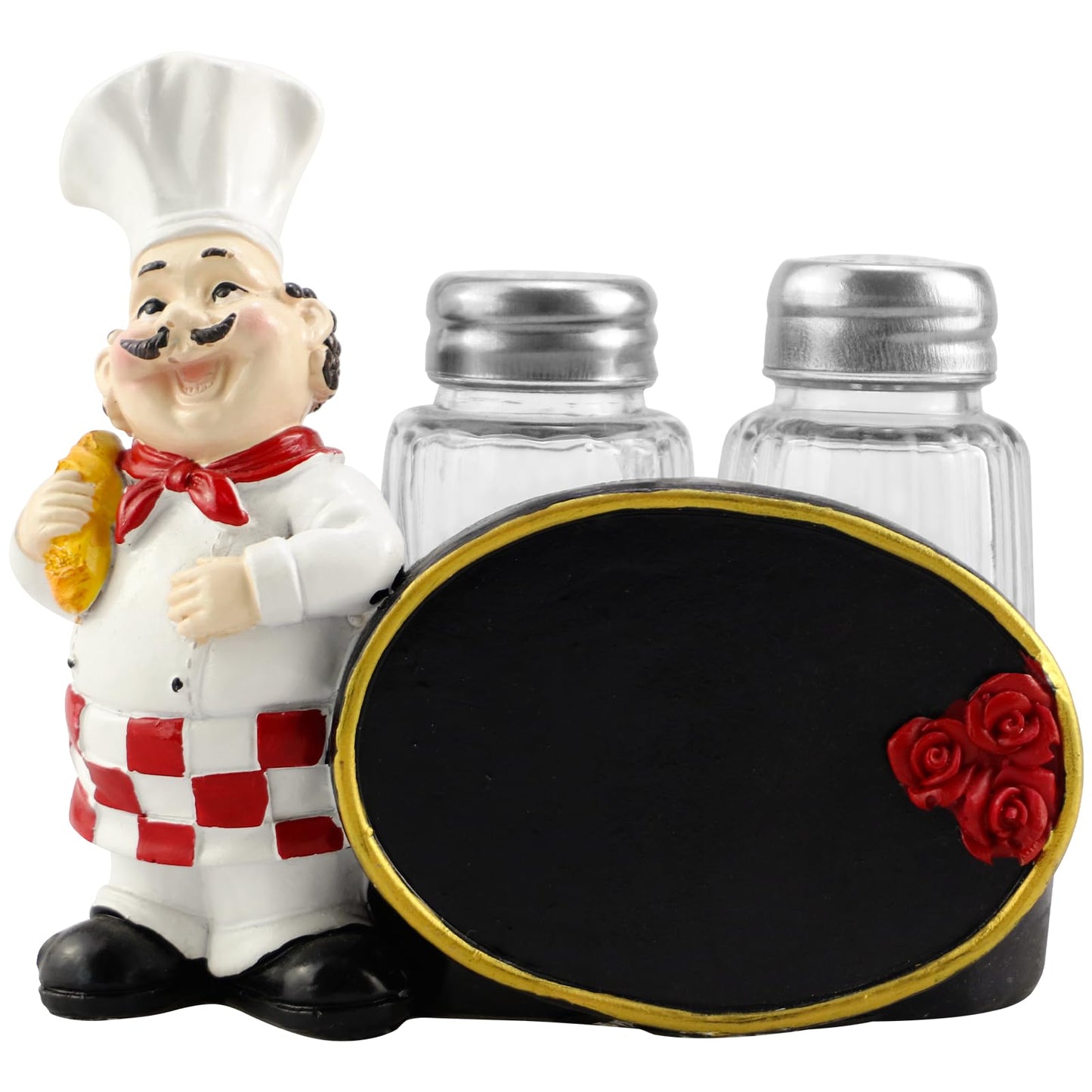 Chef Salt and Pepper Shaker Set with Chalkboard Holder, Cute Kitchen Seasoning Dispenser, Glass Salt Pepper Shakers for Dining Table, Kitchen Counter Decor, Restaurant Style Spice Set